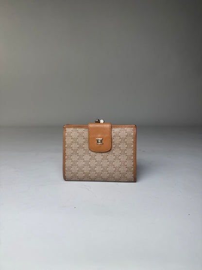 Vintage Celine Canvas Wallet Beige Brown Gold