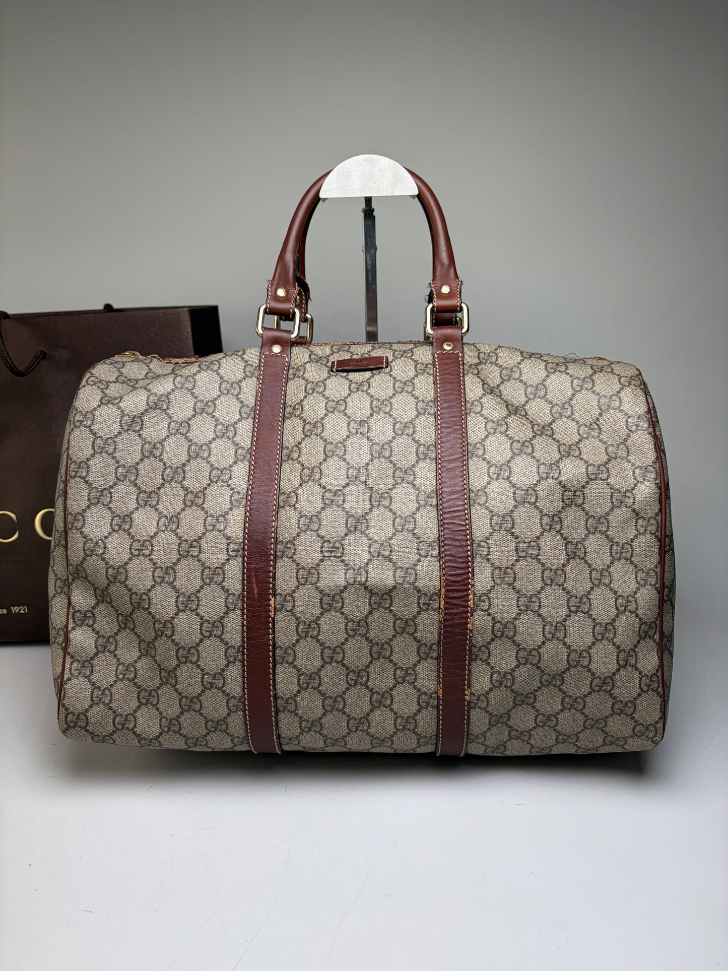 Vintage Gucci GG Supreme Duffle Bag Beige Brown Gold