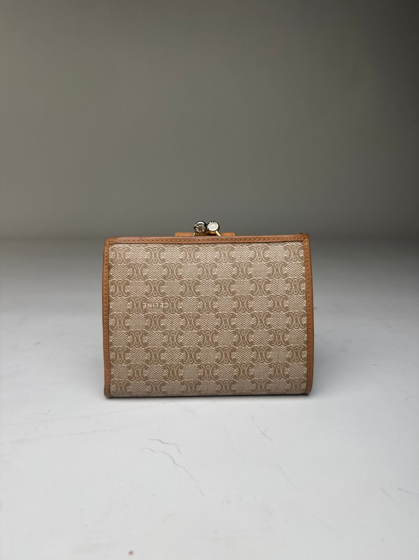 Vintage Celine Canvas Wallet Beige Brown Gold