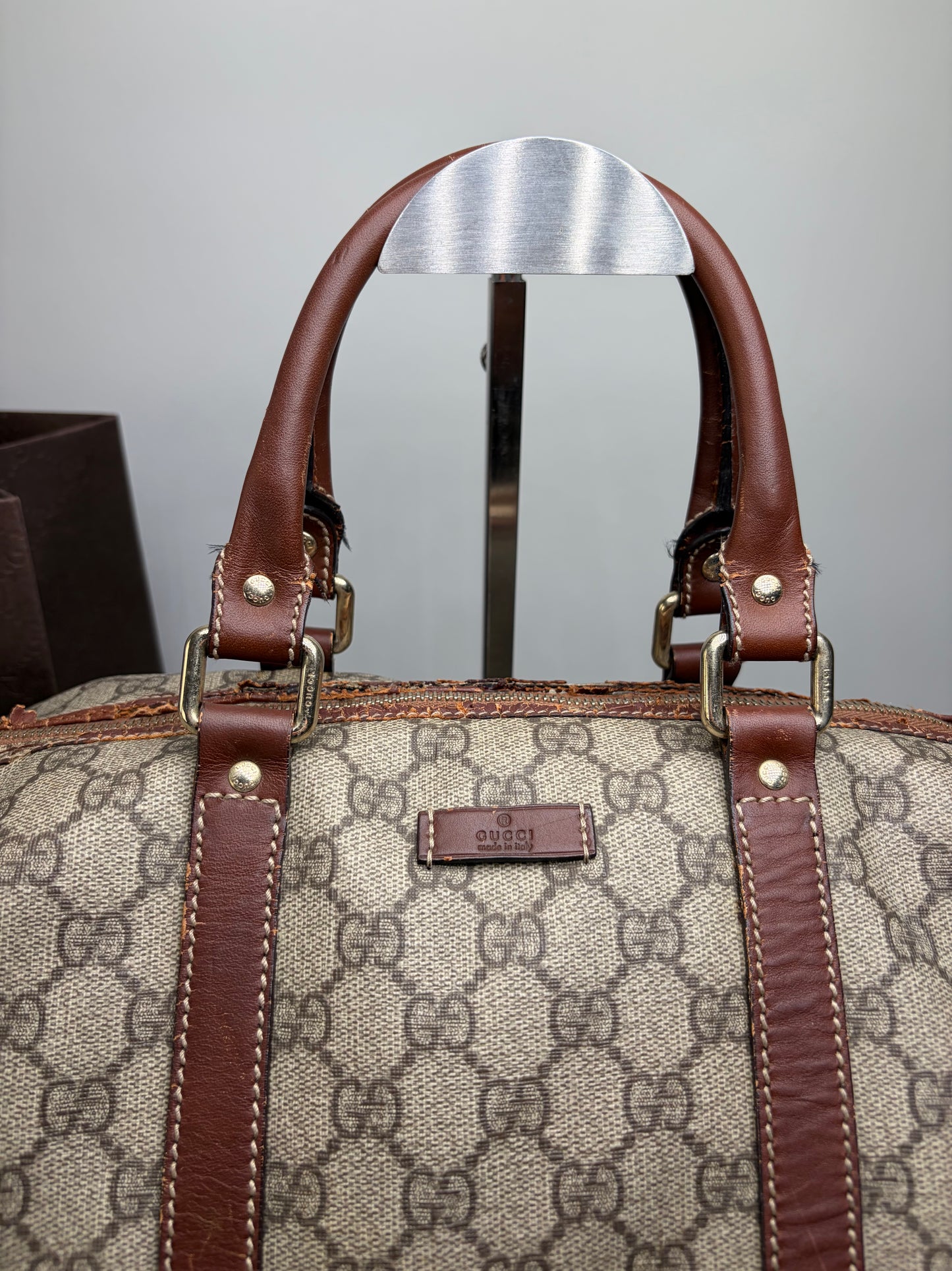 Vintage Gucci GG Supreme Duffle Bag Beige Brown Gold