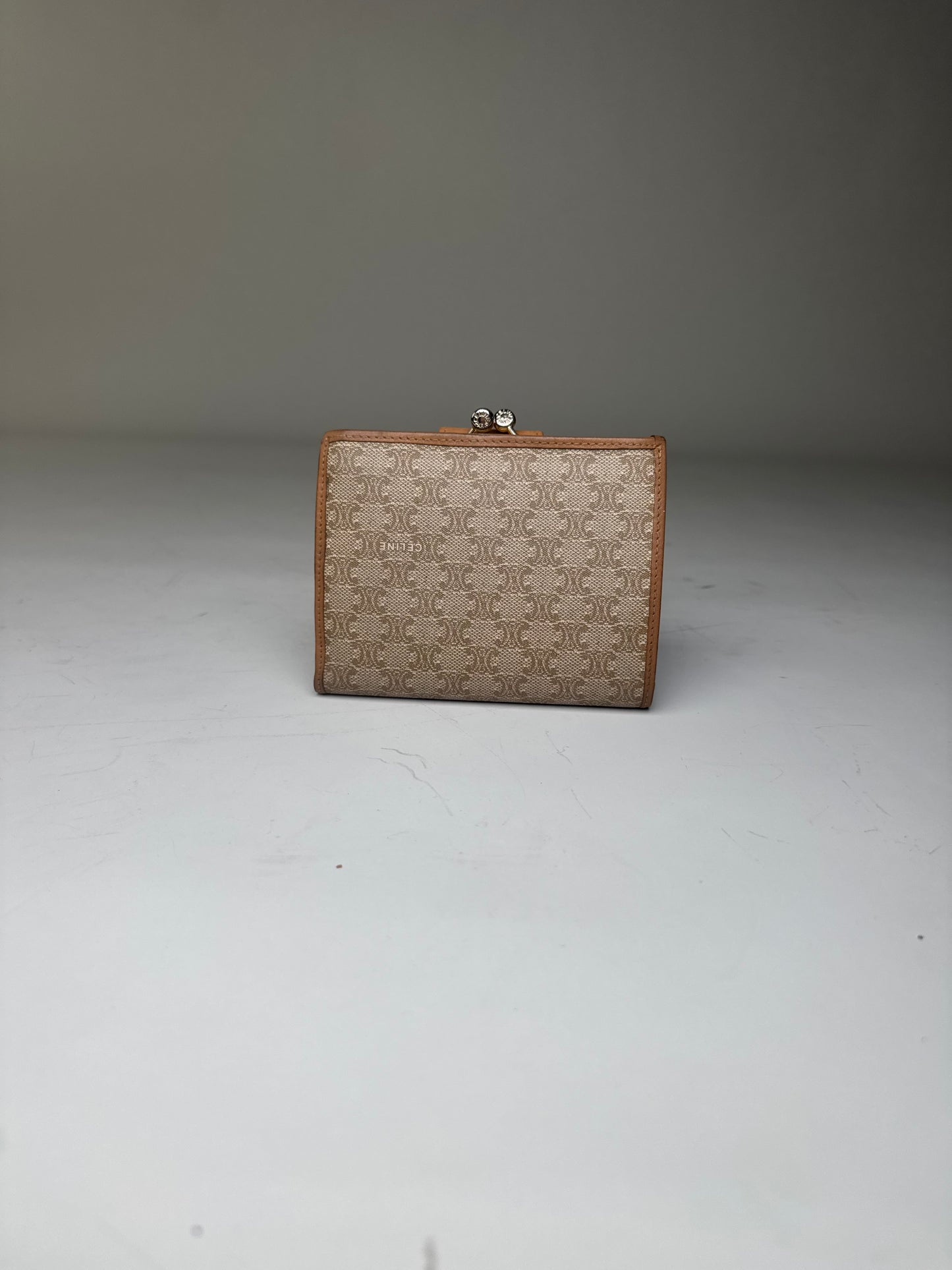 Vintage Celine Canvas Wallet Beige Brown Gold