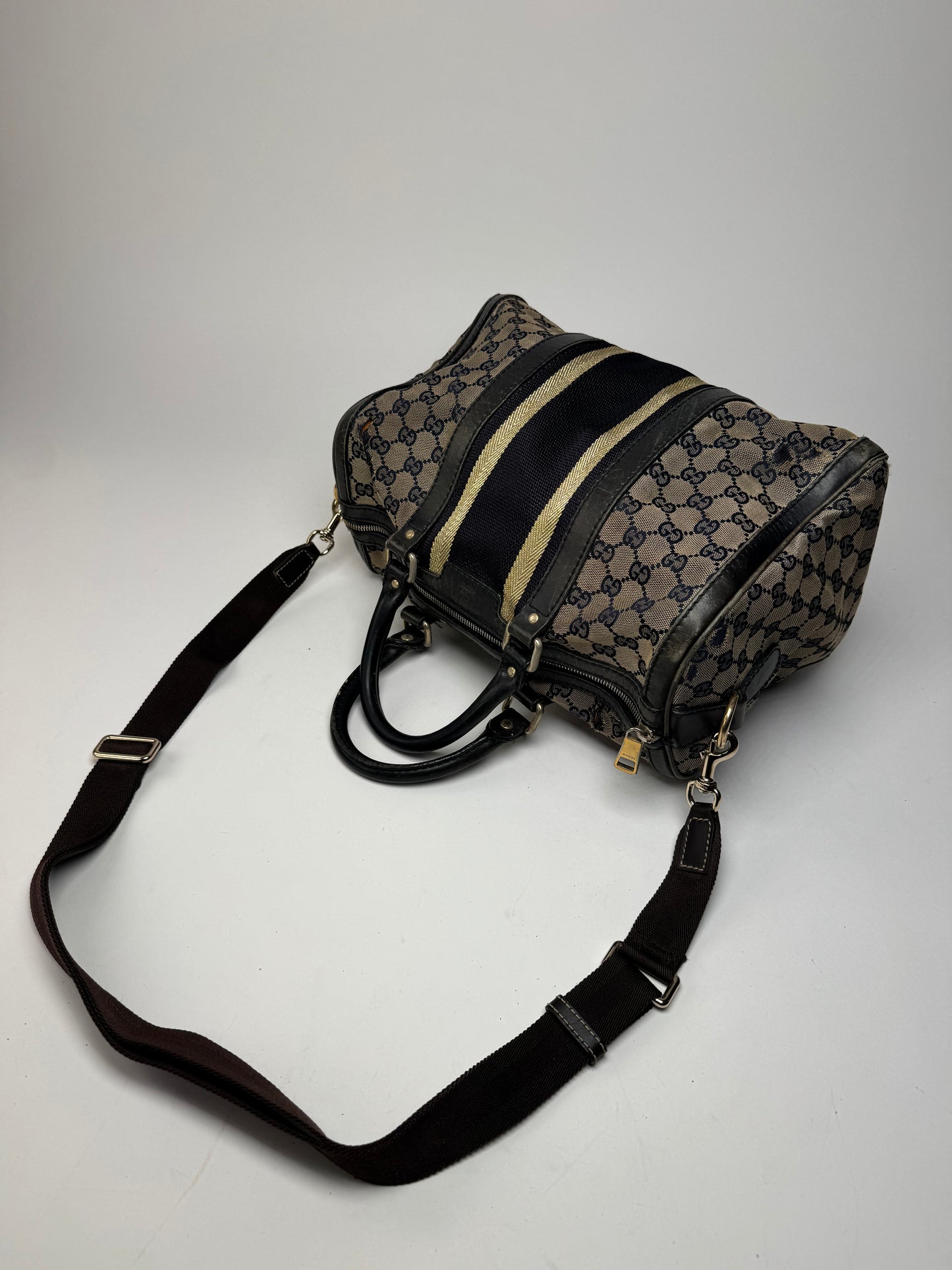 Vintage Gucci Monogram Boston 2Way Bag Beige Black