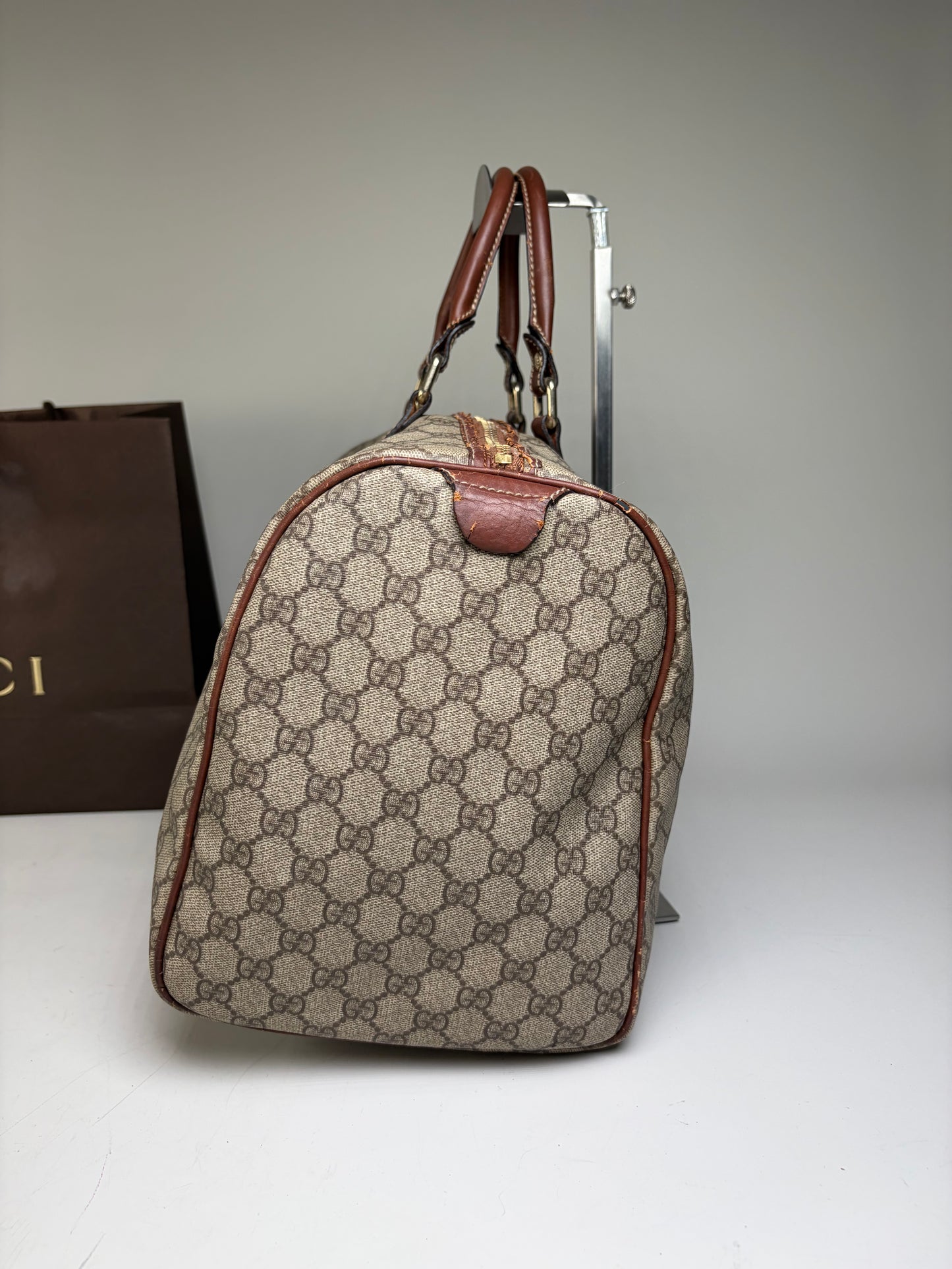 Vintage Gucci GG Supreme Duffle Bag Beige Brown Gold