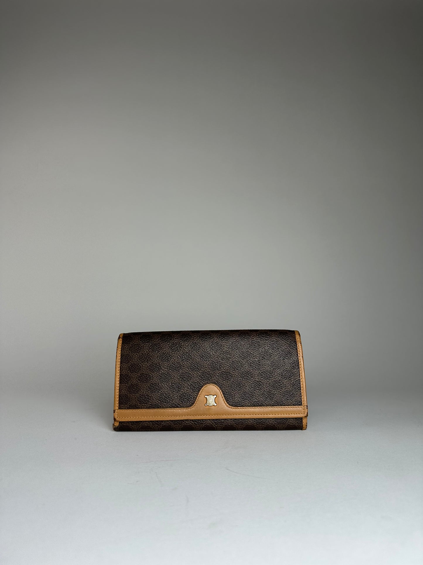 Vintage Celine Paris Triomphe Monogram Leather Long Wallet Brown