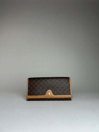 Vintage Celine Paris Triomphe Monogram Leather Long Wallet Brown