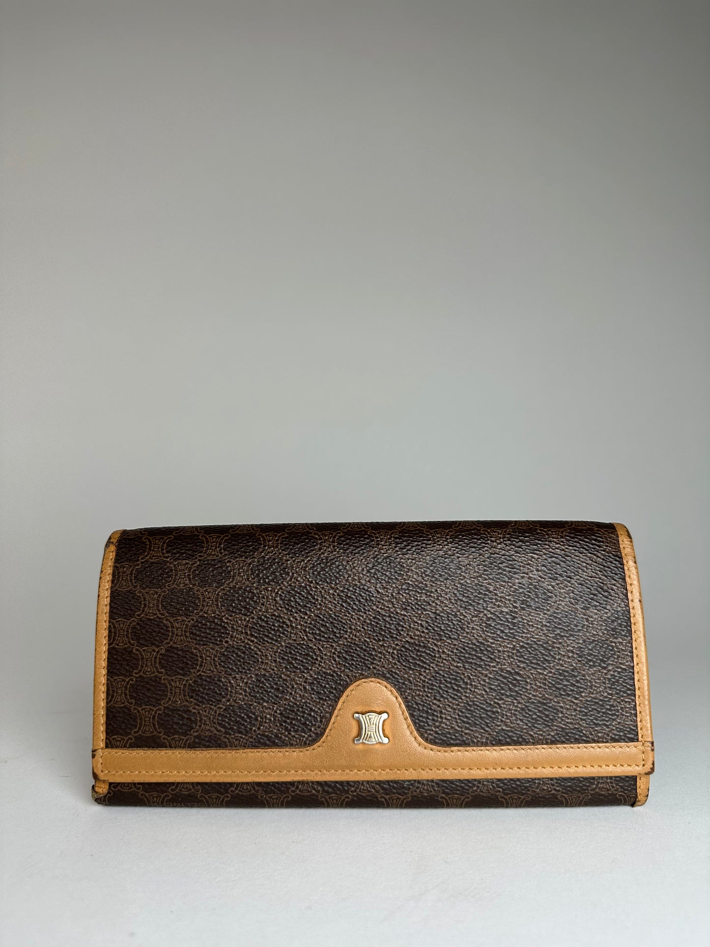 Vintage Celine Paris Triomphe Monogram Leather Long Wallet Brown
