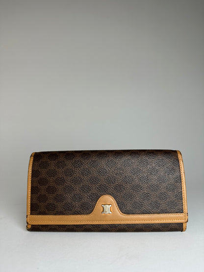 Vintage Celine Paris Triomphe Monogram Leather Long Wallet Brown