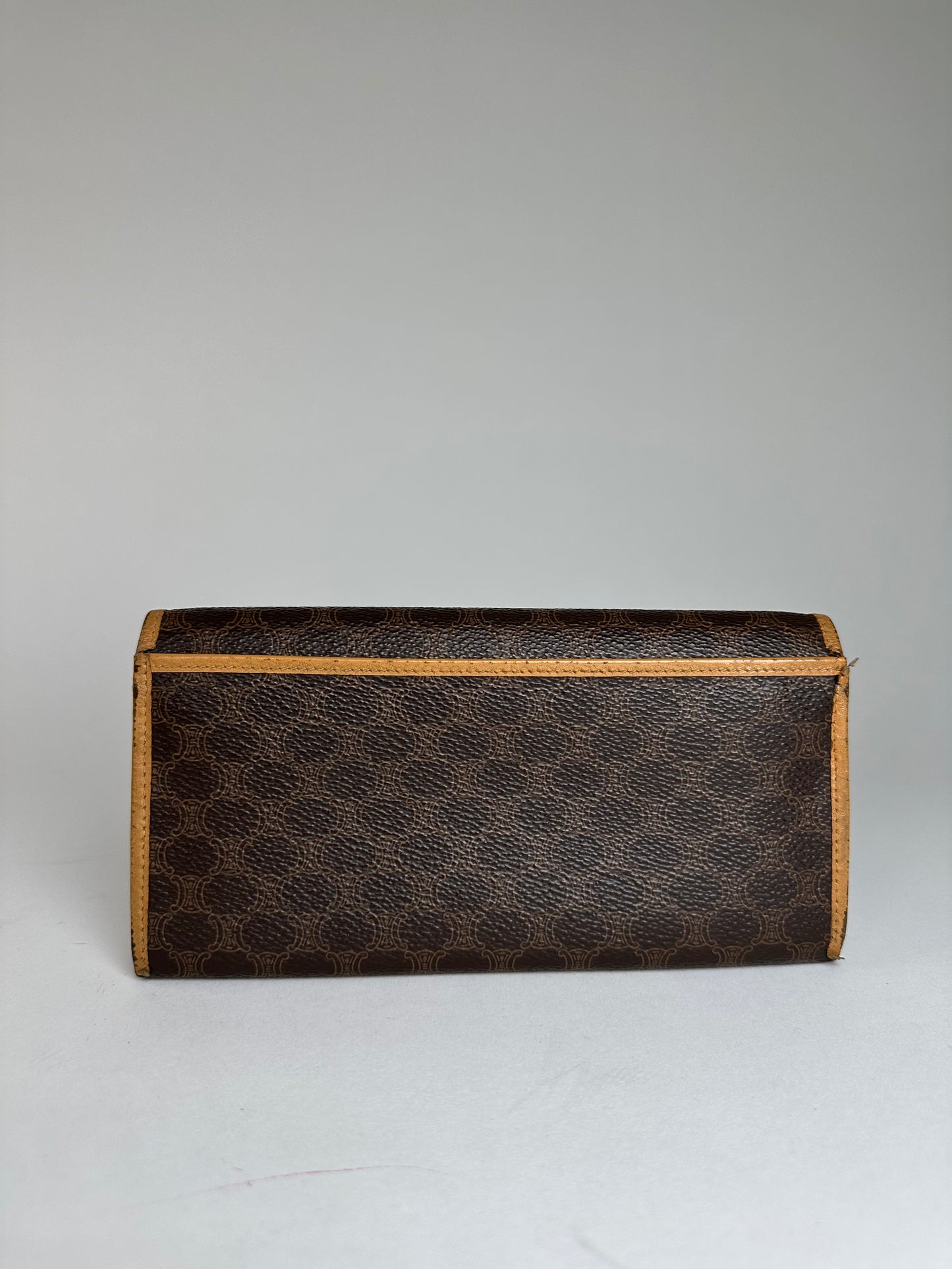 Vintage Celine Paris Triomphe Monogram Leather Long Wallet Brown