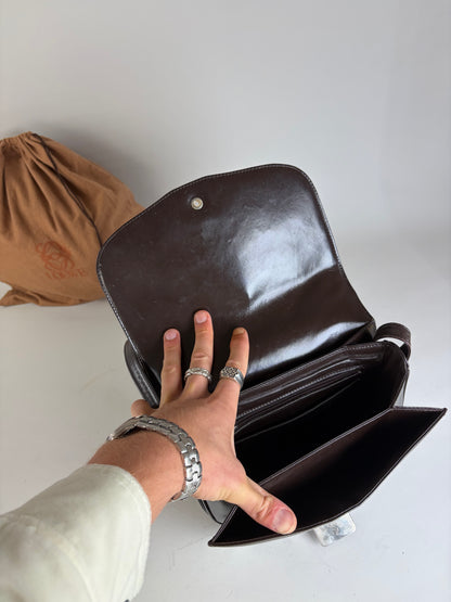Vintage Loewe Smooth Leather Flap Crossbody Bag Dark Brown