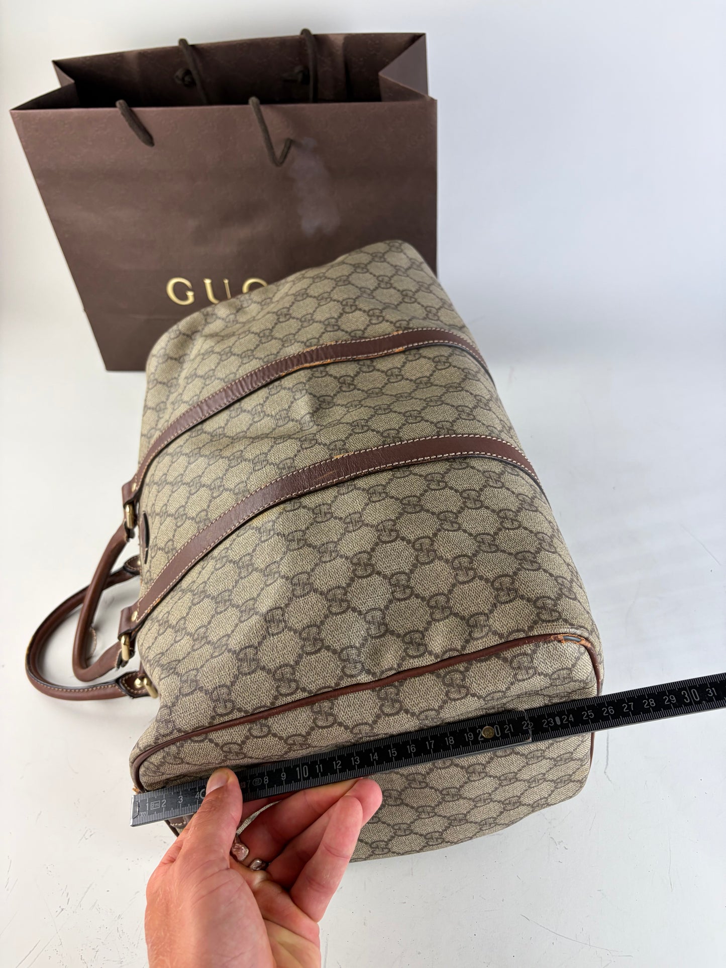 Vintage Gucci GG Supreme Duffle Bag Beige Brown Gold