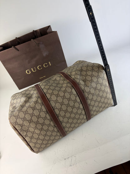 Vintage Gucci GG Supreme Duffle Bag Beige Brown Gold