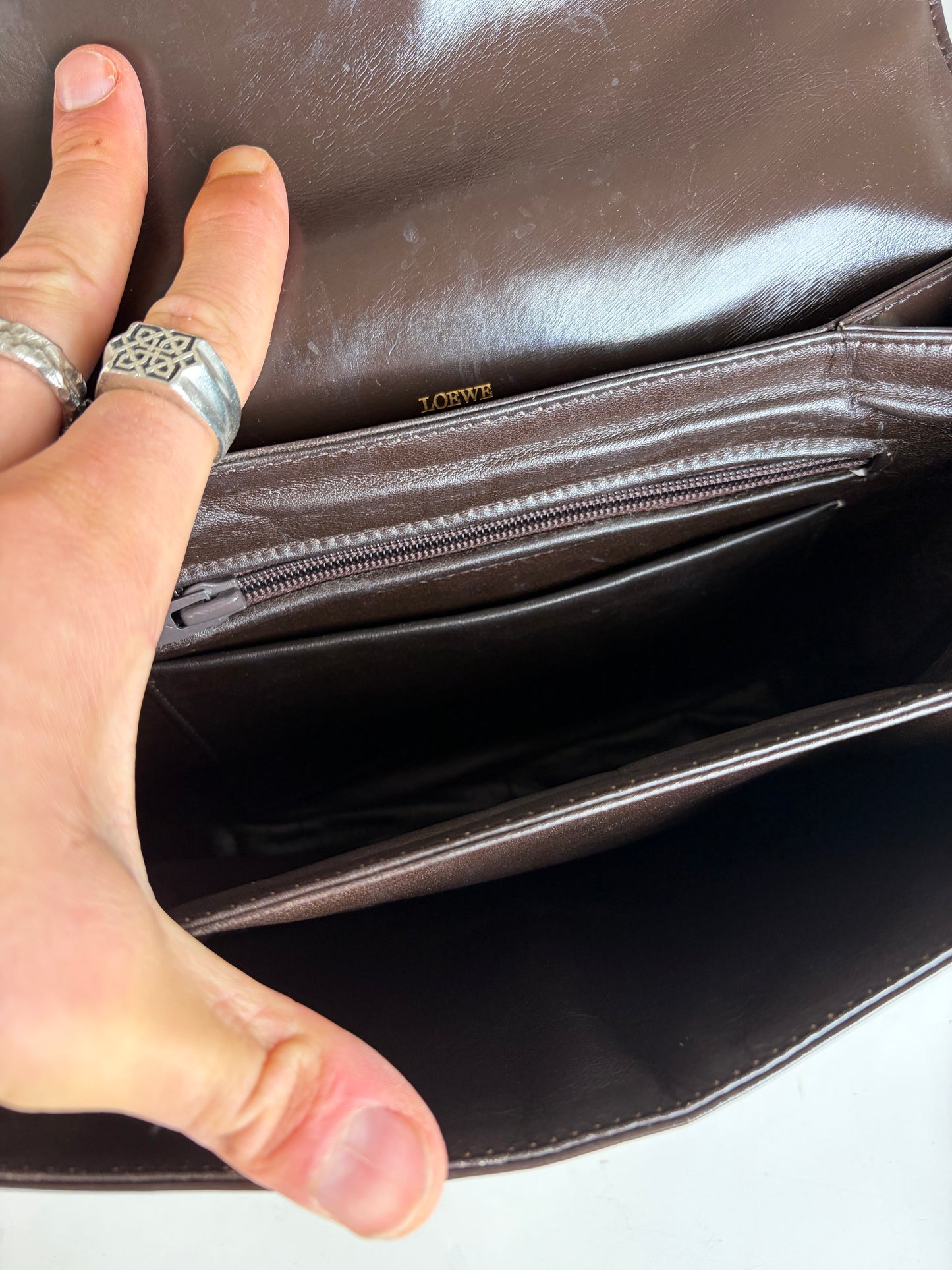 Vintage Loewe Smooth Leather Flap Crossbody Bag Dark Brown