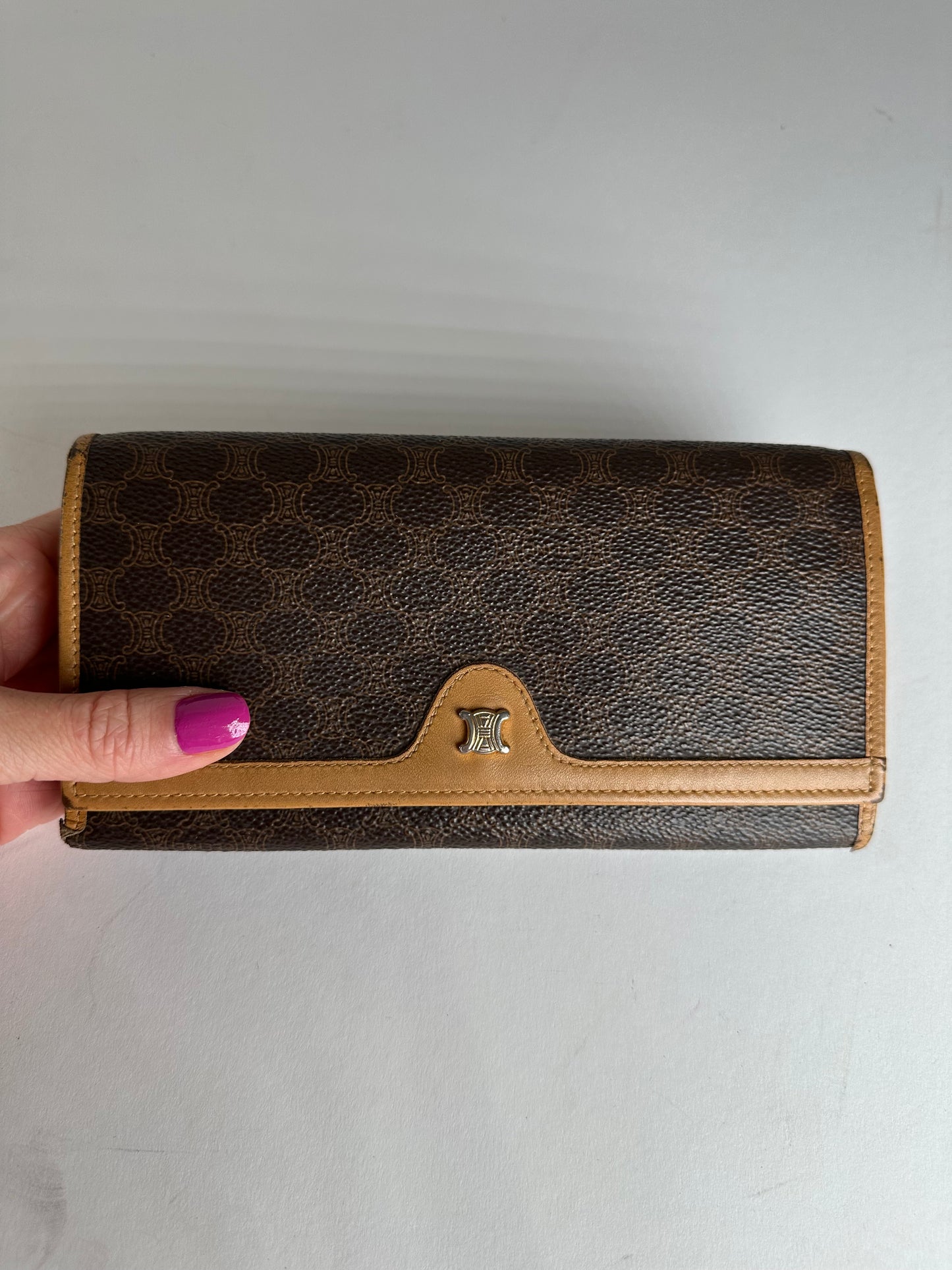 Vintage Celine Paris Triomphe Monogram Leather Long Wallet Brown