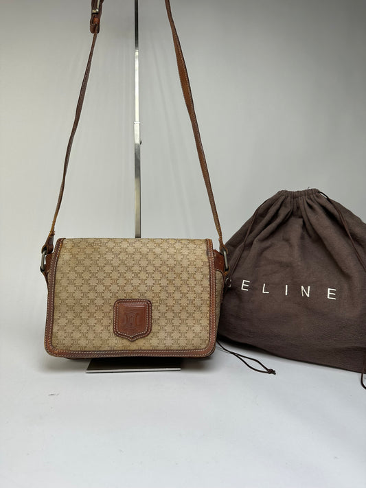 Vintage Celine Macadam Canvas Flap Crossbody Bag Late 1980s Beige Brown