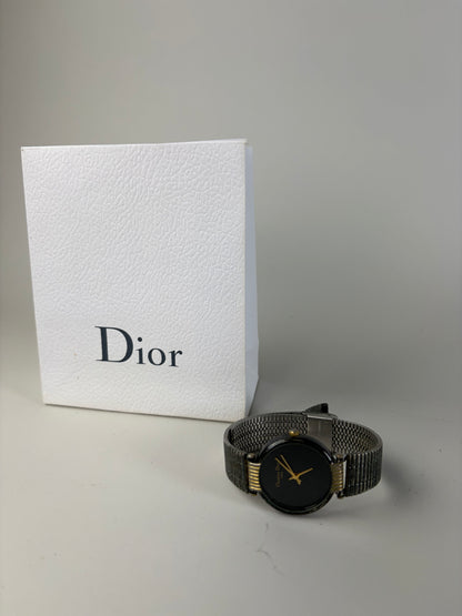Vintage Dior Stainless Steel Mesh Bracelet Watch Black Gold