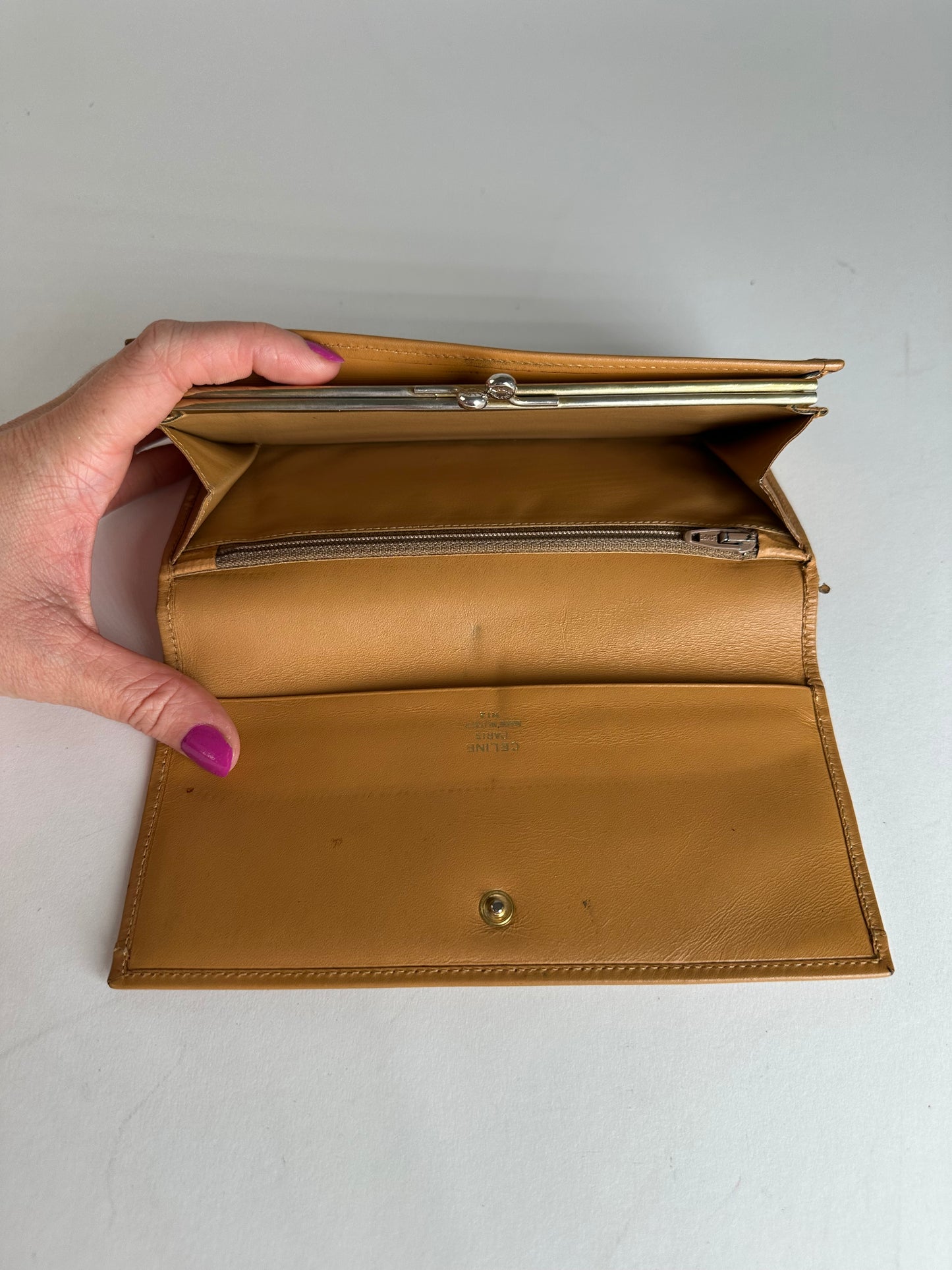 Vintage Celine Paris Triomphe Monogram Leather Long Wallet Brown