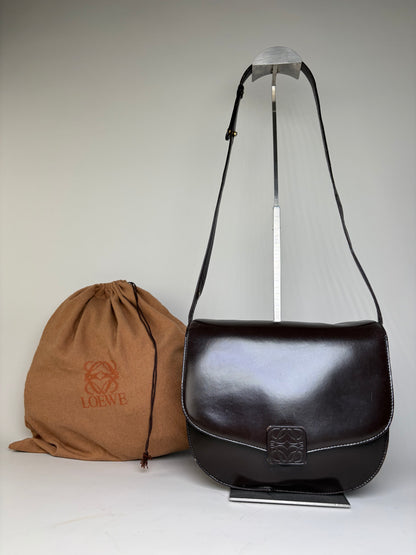 Vintage Loewe Smooth Leather Flap Crossbody Bag Dark Brown
