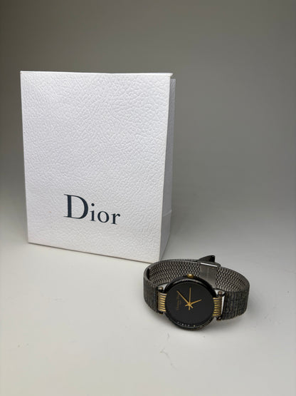 Vintage Dior Stainless Steel Mesh Bracelet Watch Black Gold