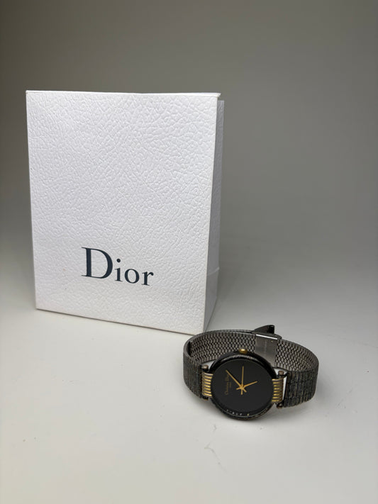 Vintage Dior Stainless Steel Mesh Bracelet Watch Black Gold