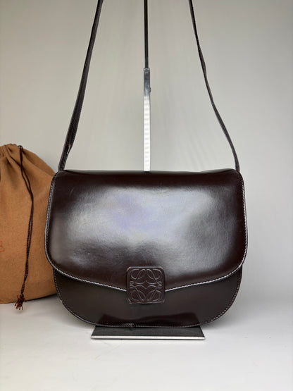 Vintage Loewe Smooth Leather Flap Crossbody Bag Dark Brown