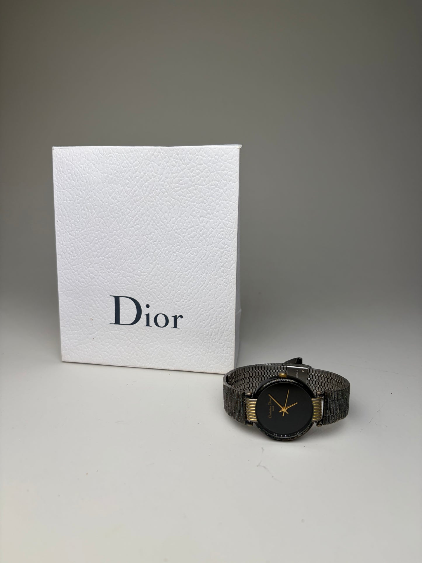 Vintage Dior Stainless Steel Mesh Bracelet Watch Black Gold