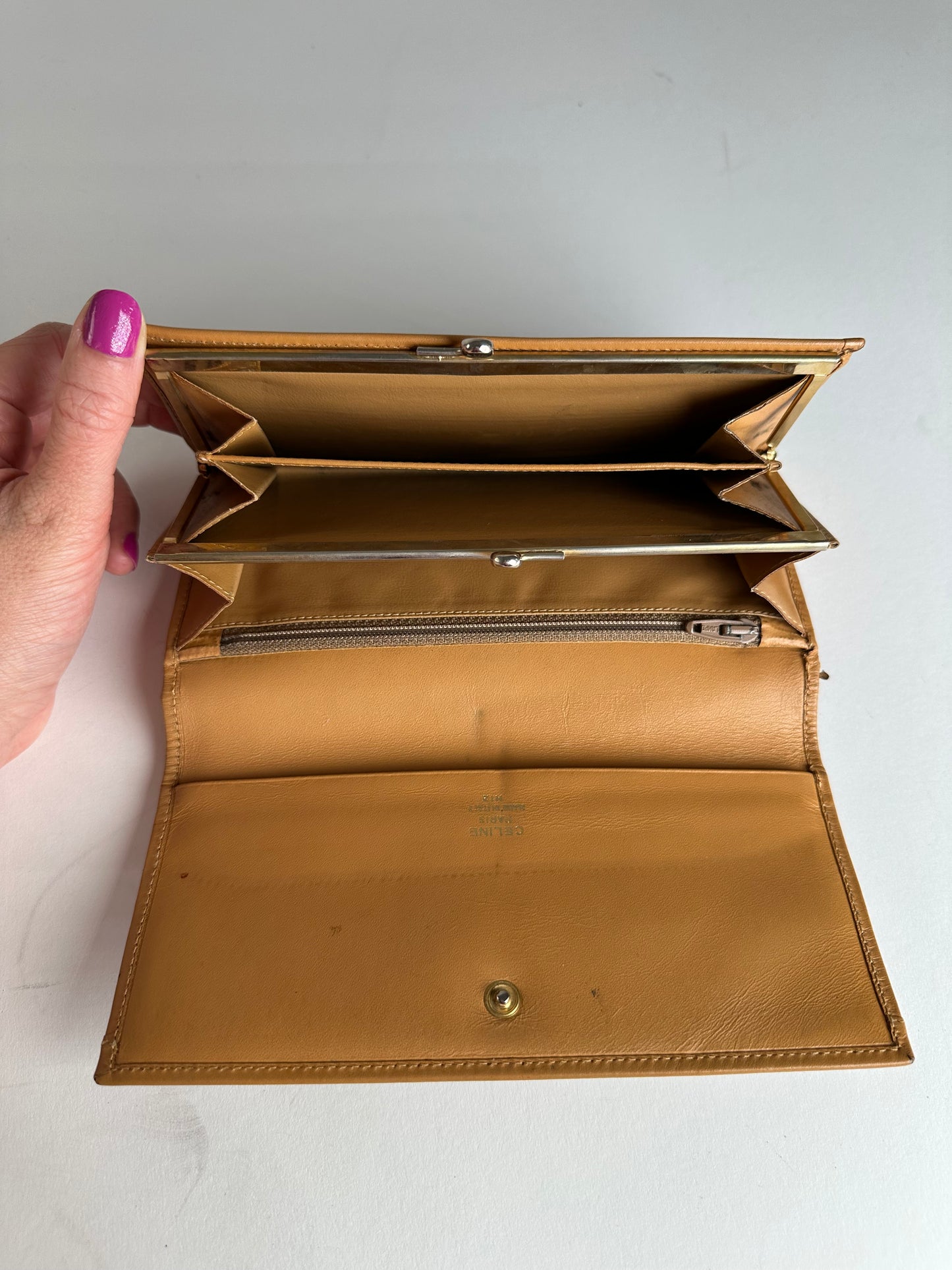 Vintage Celine Paris Triomphe Monogram Leather Long Wallet Brown