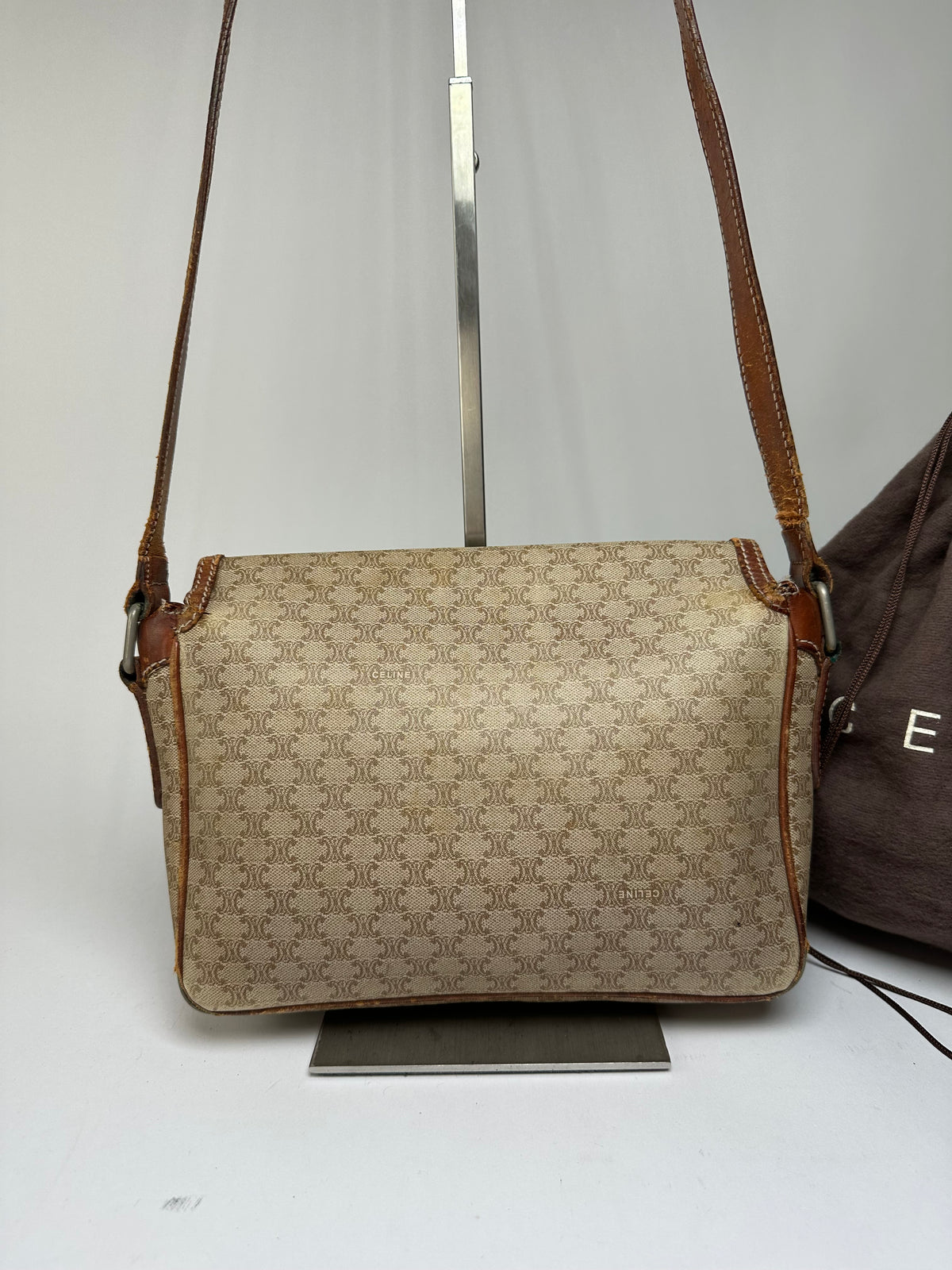 Vintage Celine Macadam Canvas Flap Crossbody Bag Late 1980s Beige Brown