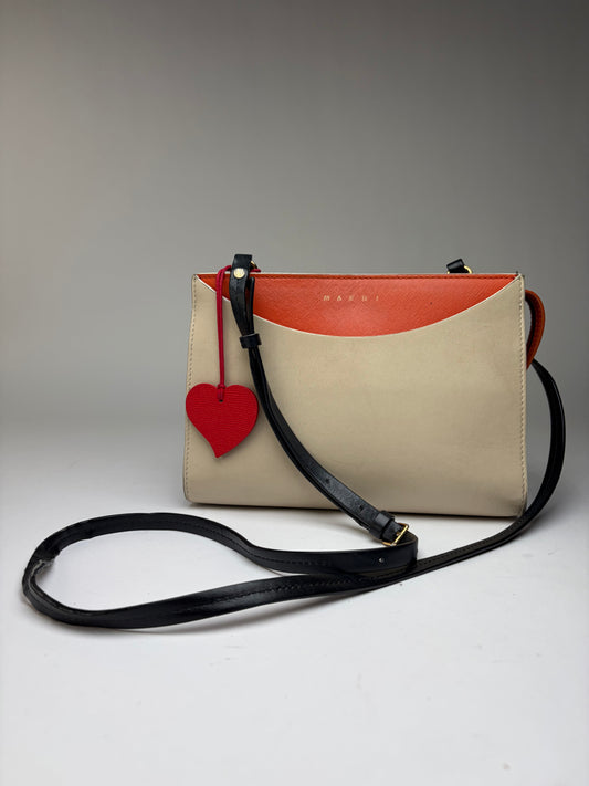 Vintage Marni Saffiano Leather Structured Crossbody Bag c. 2018 Cream Orange Black
