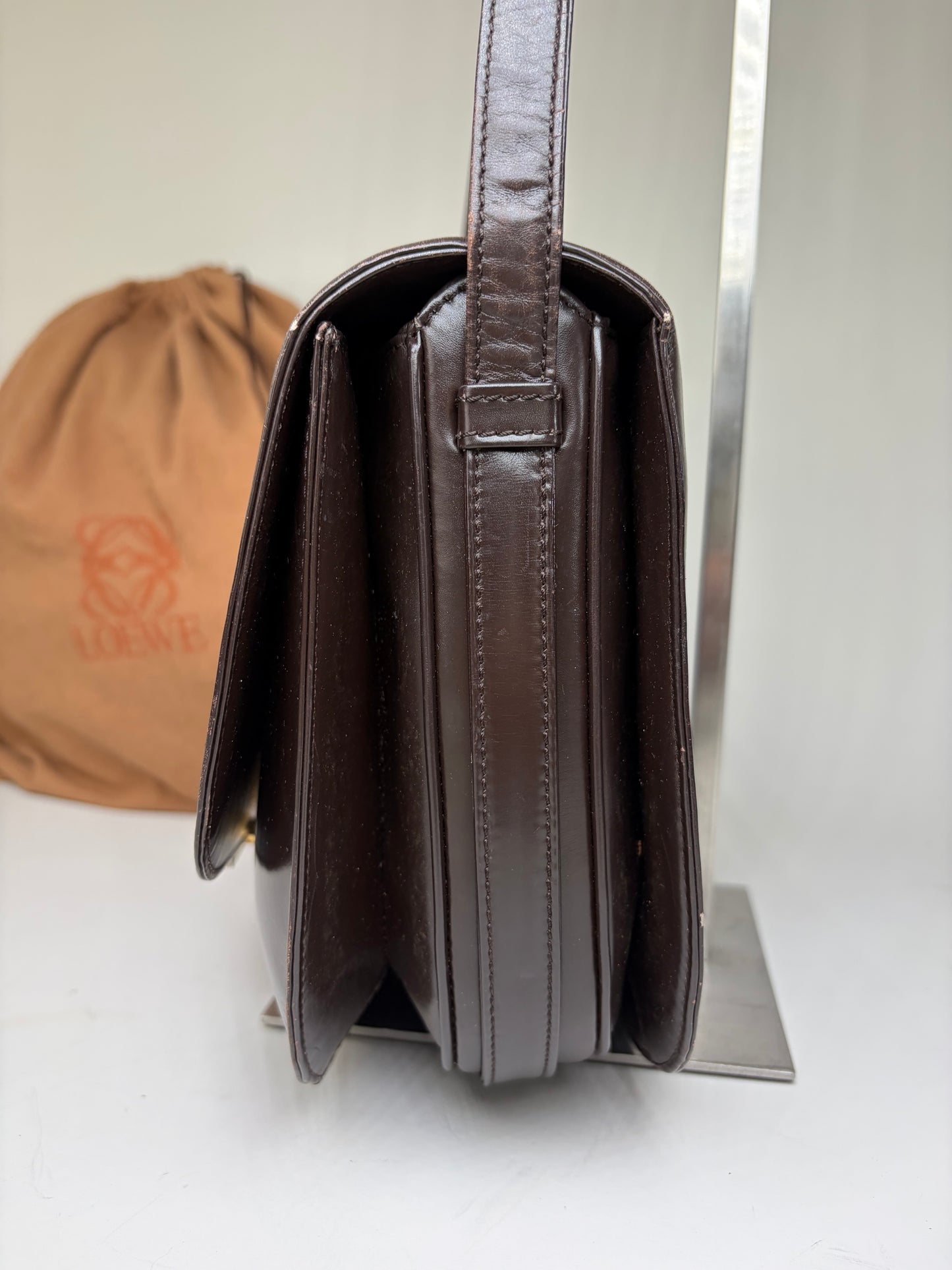 Vintage Loewe Smooth Leather Flap Crossbody Bag Dark Brown
