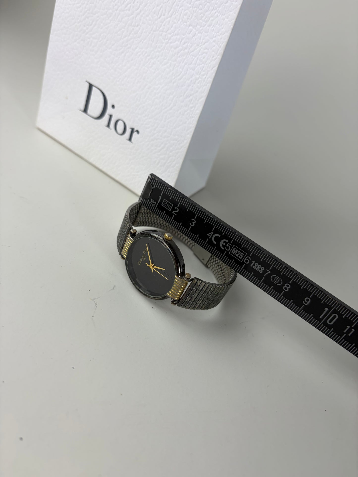 Vintage Dior Stainless Steel Mesh Bracelet Watch Black Gold