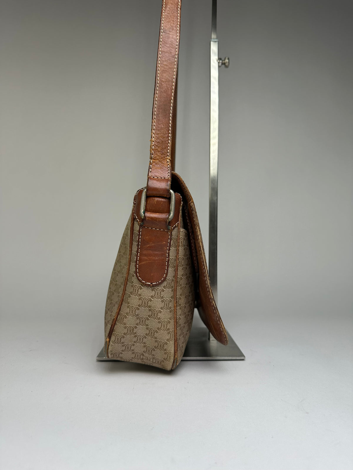 Vintage Celine Macadam Canvas Flap Crossbody Bag Late 1980s Beige Brown