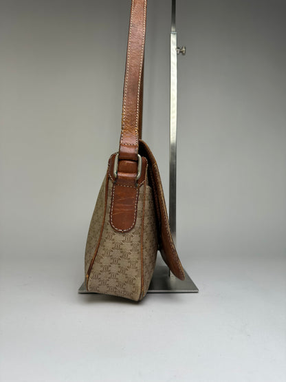 Vintage Celine Macadam Canvas Flap Crossbody Bag Late 1980s Beige Brown