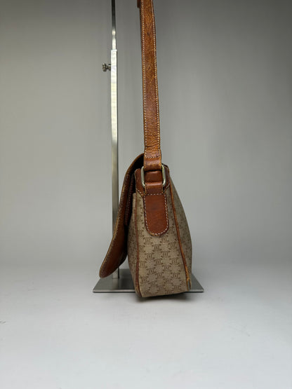 Vintage Celine Macadam Canvas Flap Crossbody Bag Late 1980s Beige Brown