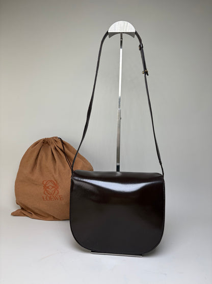 Vintage Loewe Smooth Leather Flap Crossbody Bag Dark Brown