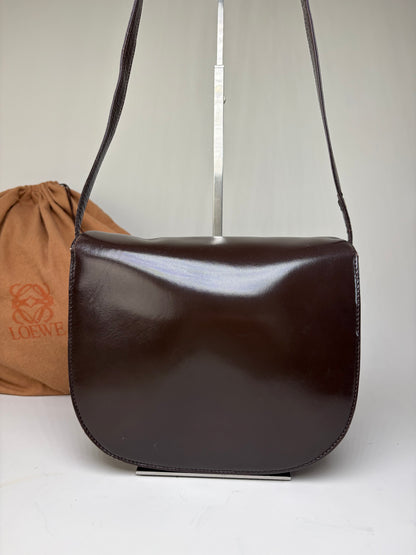 Vintage Loewe Smooth Leather Flap Crossbody Bag Dark Brown