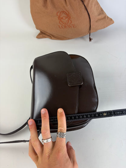 Vintage Loewe Smooth Leather Flap Crossbody Bag Dark Brown