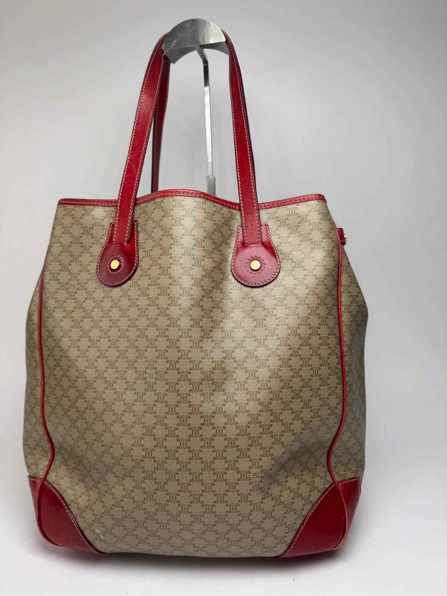 Sac vintage en cuir Céline beige monogramme rouge