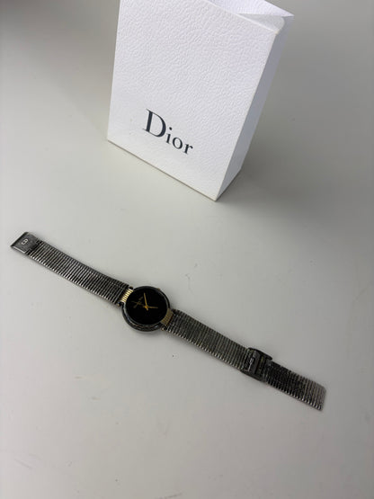 Vintage Dior Stainless Steel Mesh Bracelet Watch Black Gold