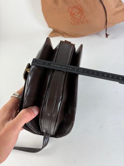 Vintage Loewe Smooth Leather Flap Crossbody Bag Dark Brown