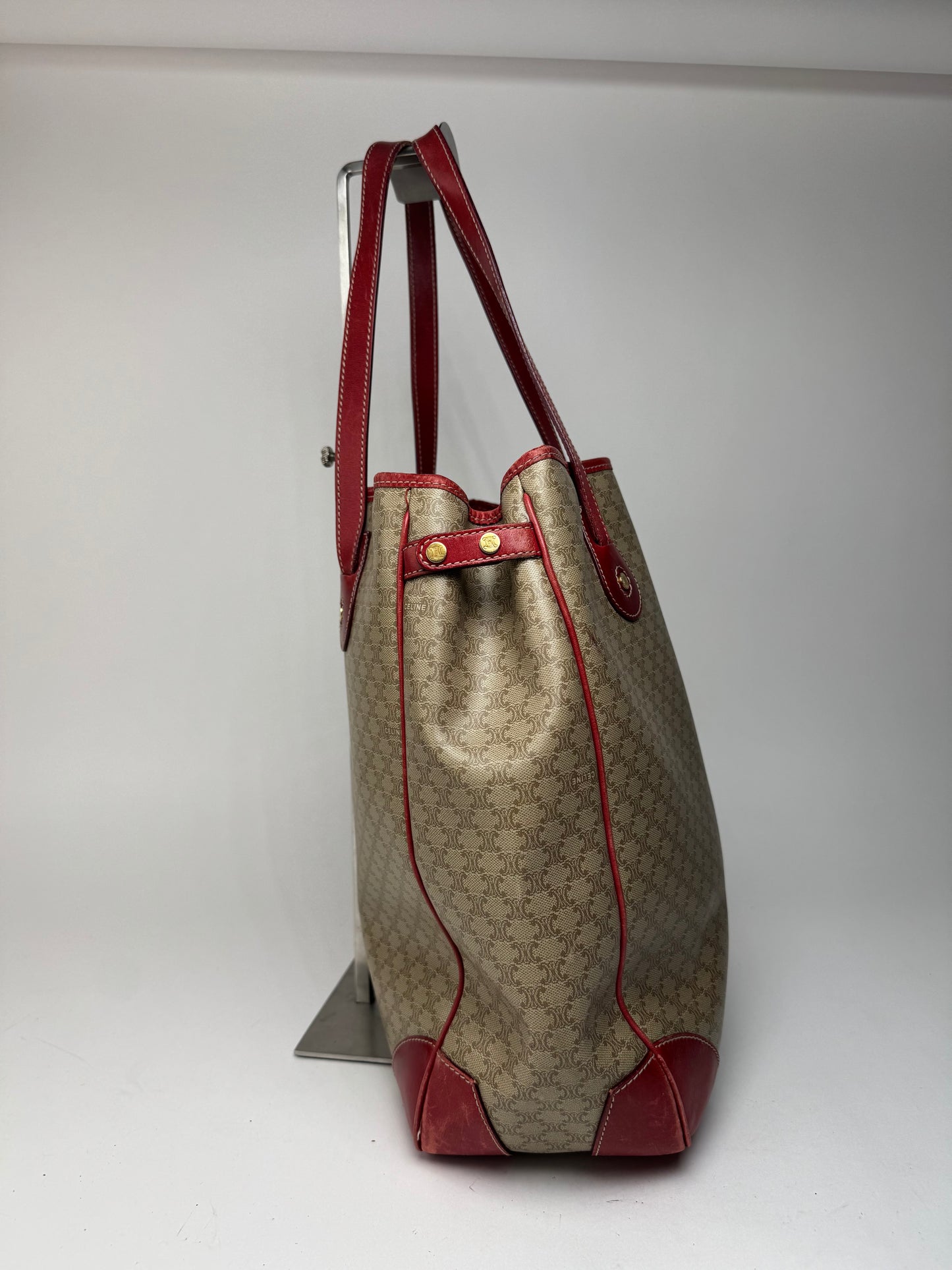 Sac vintage en cuir Céline beige monogramme rouge