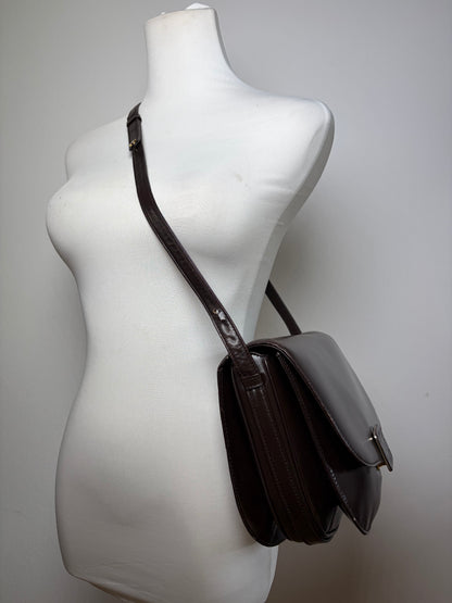 Vintage Loewe Smooth Leather Flap Crossbody Bag Dark Brown