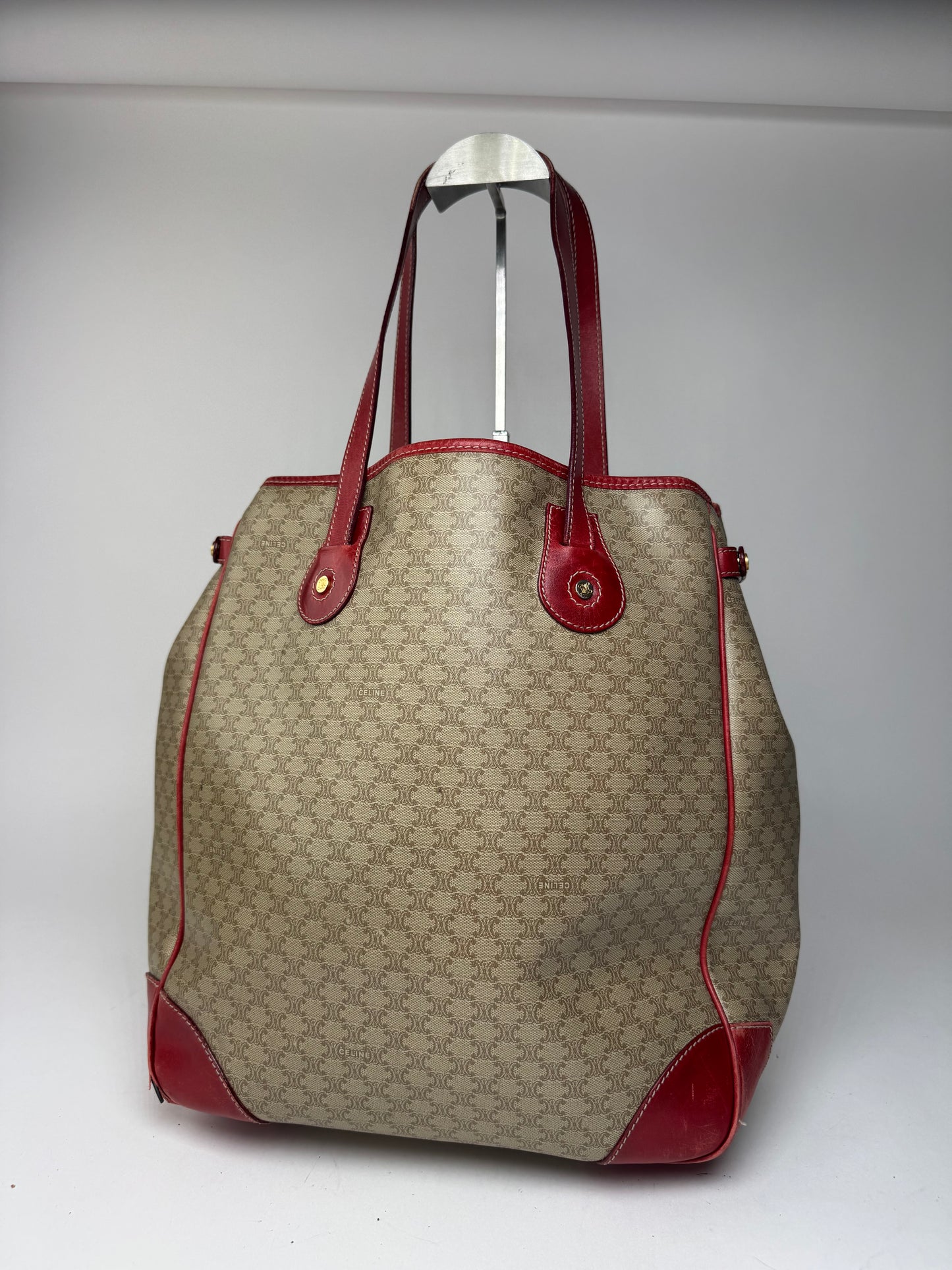 Sac vintage en cuir Céline beige monogramme rouge