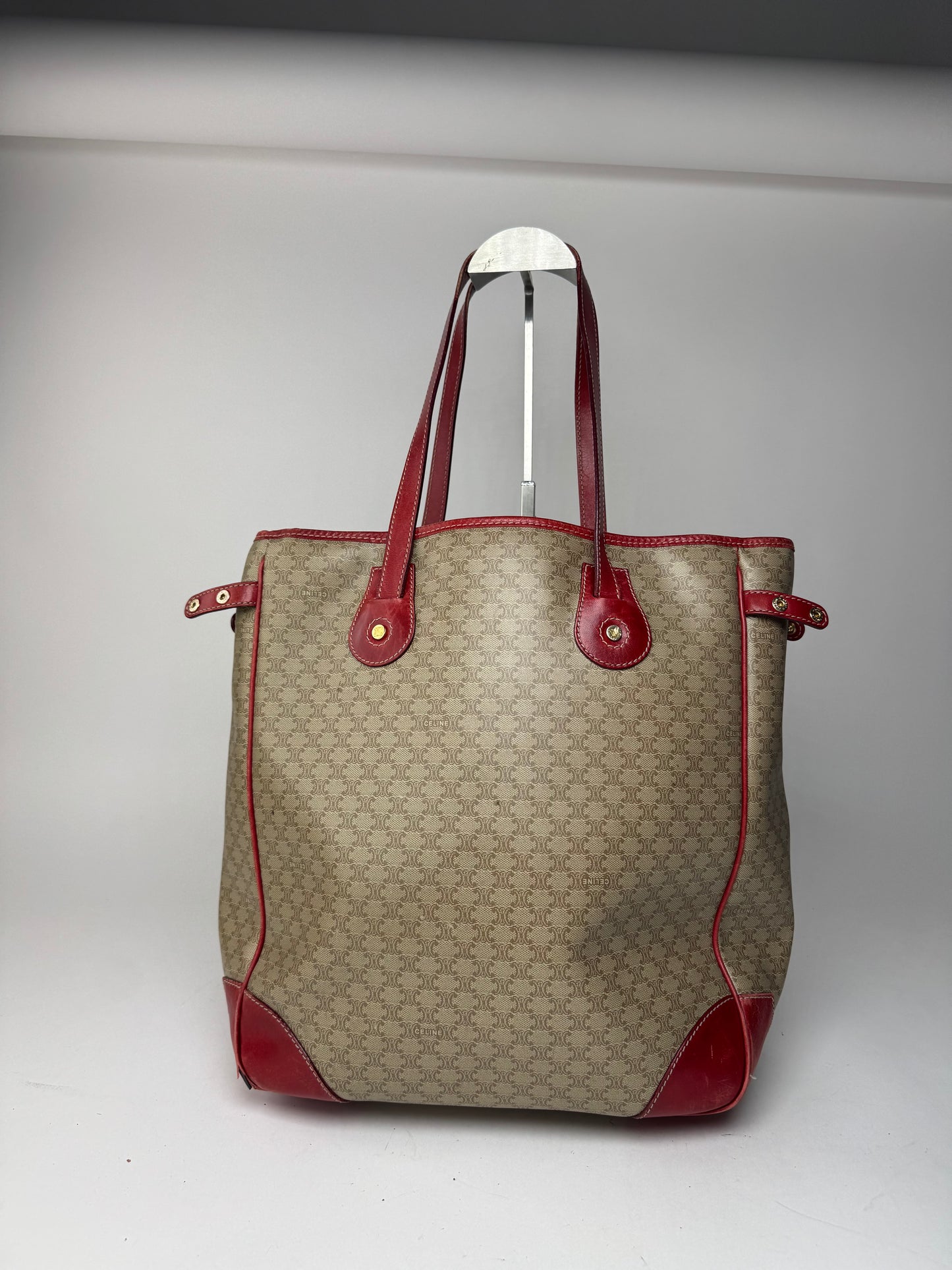 Sac vintage en cuir Céline beige monogramme rouge