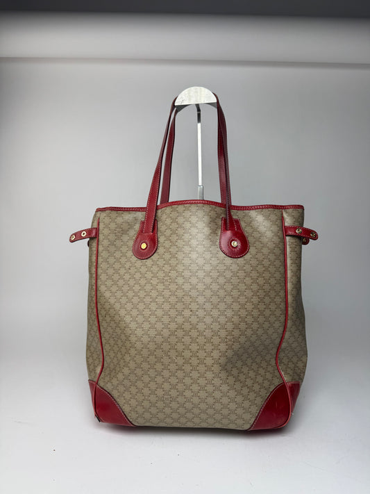 Sac vintage en cuir Céline beige monogramme rouge