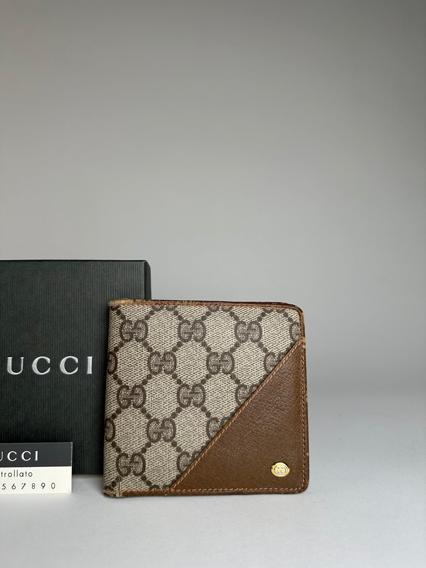 Vintage Gucci Monogram Leather Flap Wallet Grey Brown