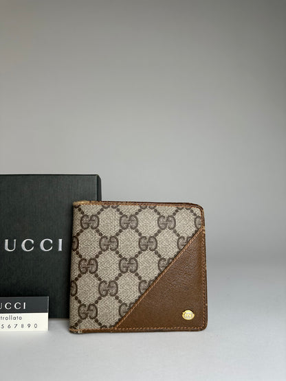 Vintage Gucci Monogram Leather Flap Wallet Grey Brown