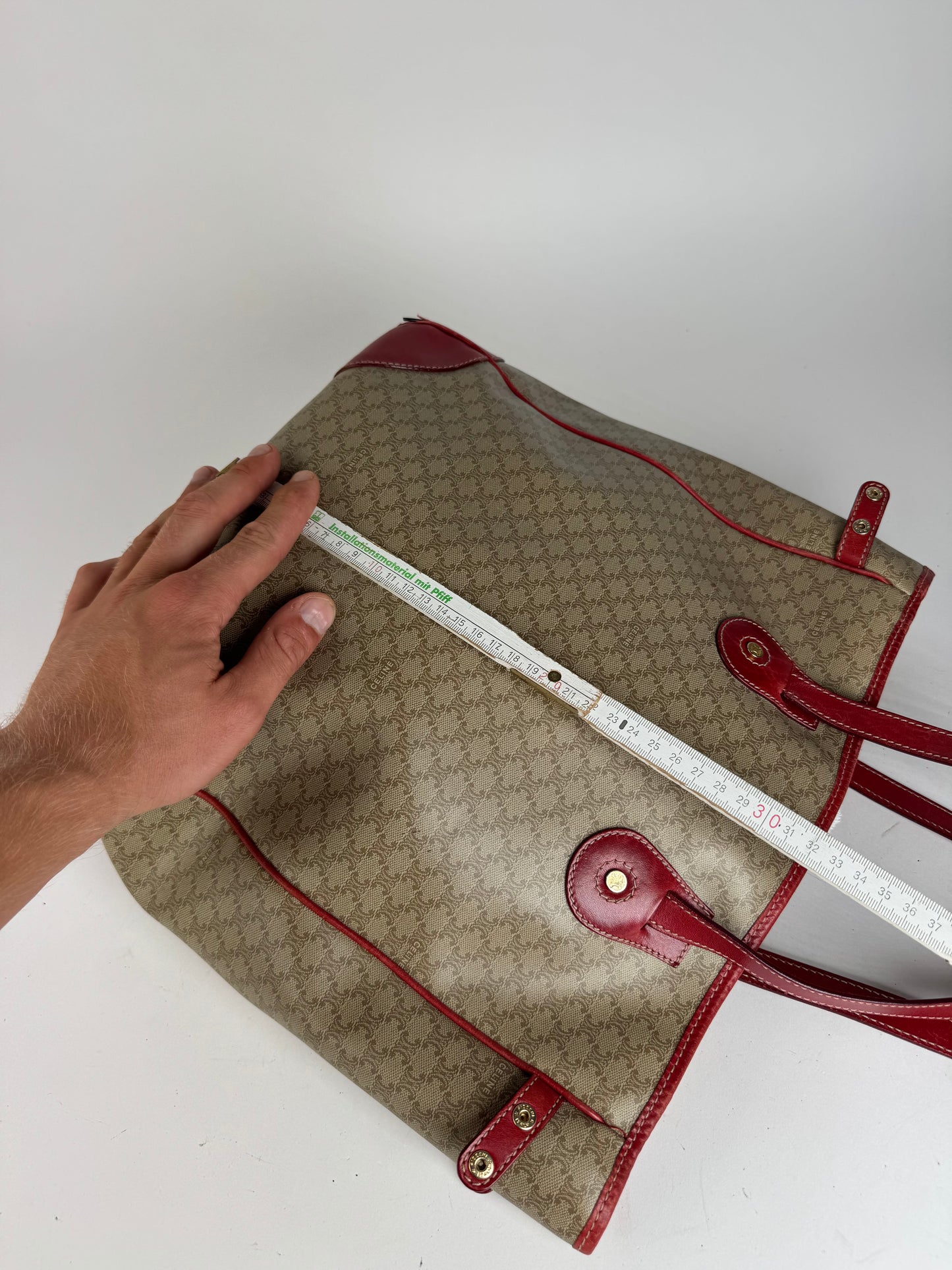 Sac vintage en cuir Céline beige monogramme rouge