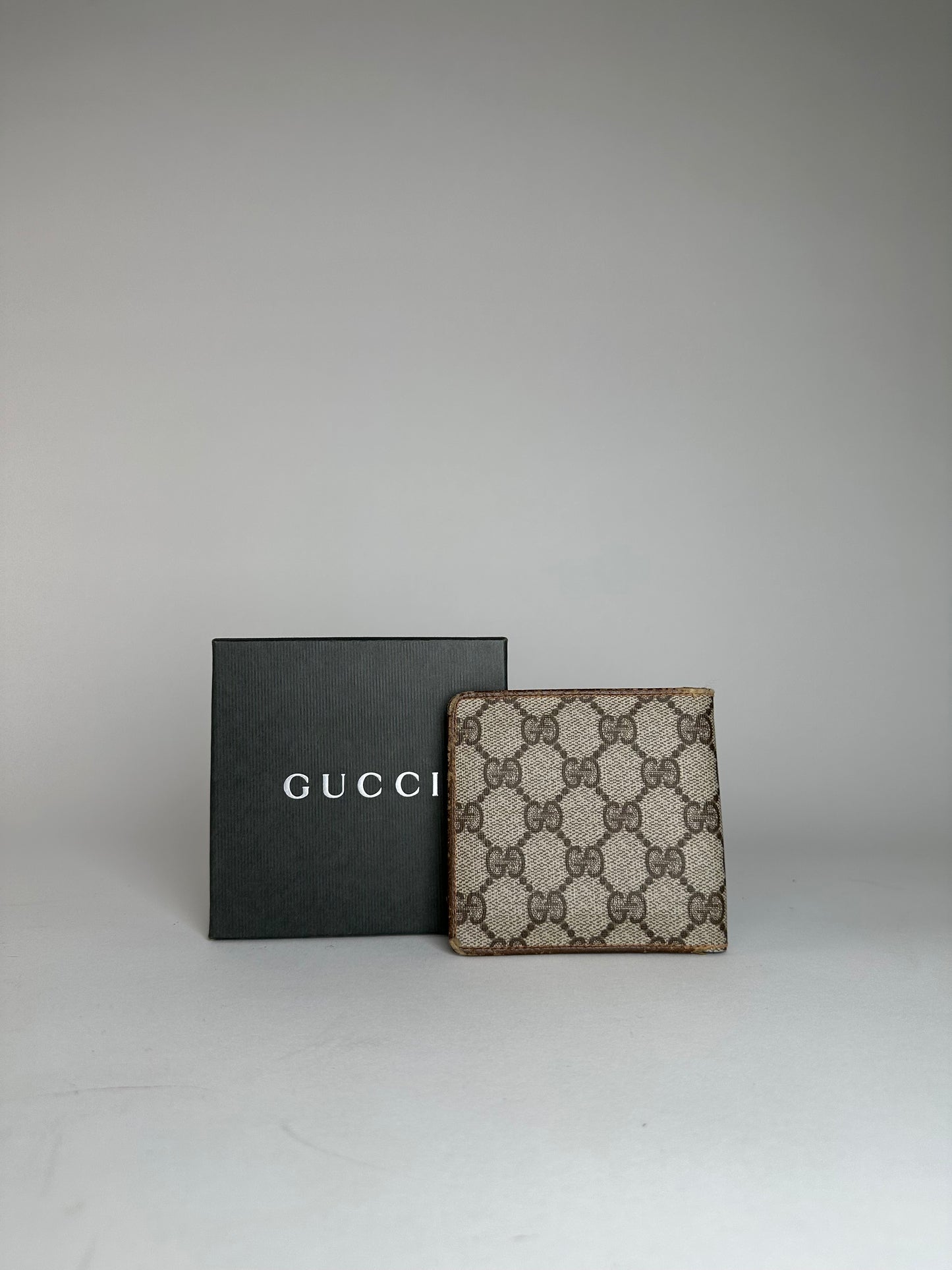 Vintage Gucci Monogram Leather Flap Wallet Grey Brown