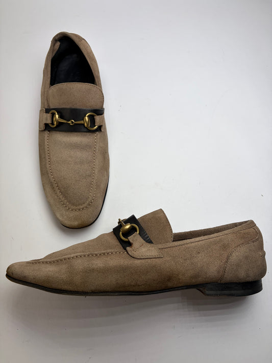 Vintage Gucci Men's Suede-Effect Horsebit Loafers Early 2000s Beige Black EU42