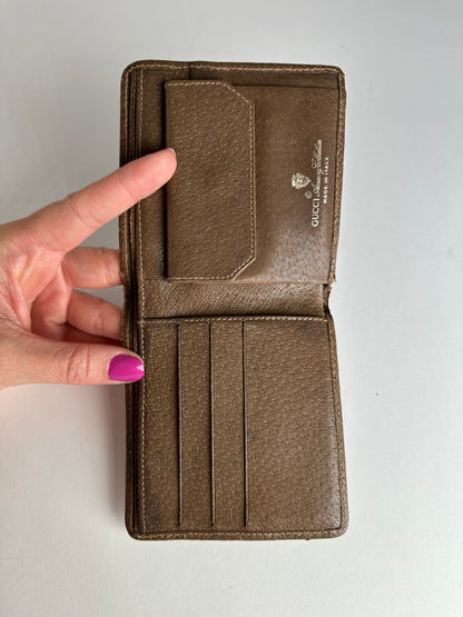 Vintage Gucci Monogram Leather Flap Wallet Grey Brown